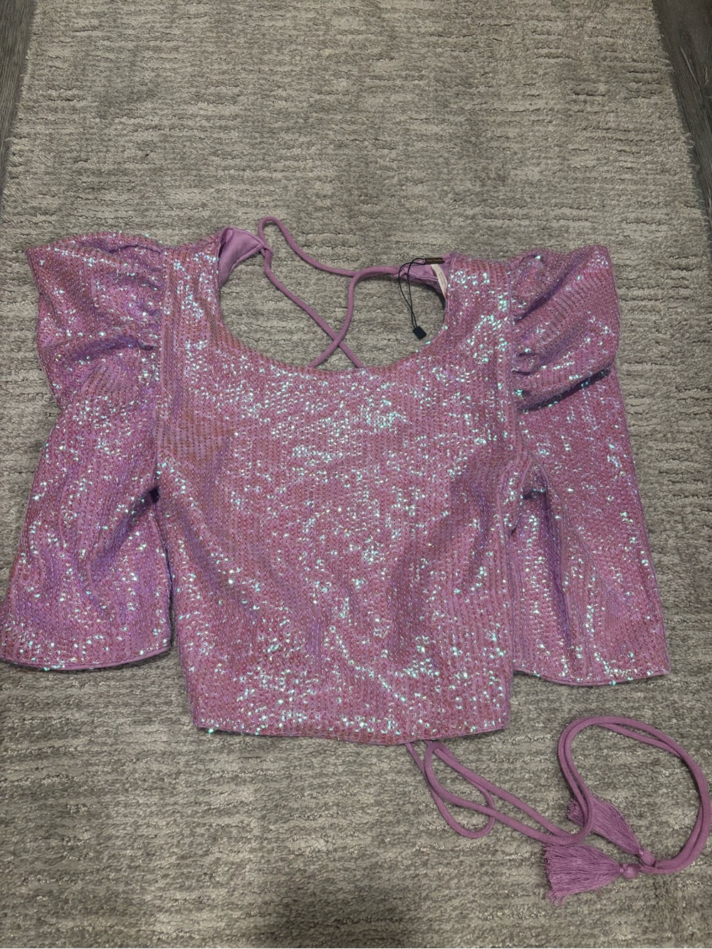 Free people Lavender Sequin Puff-Sleeve Lace-Back Crop Top size Xs - Picture 2 of 4
